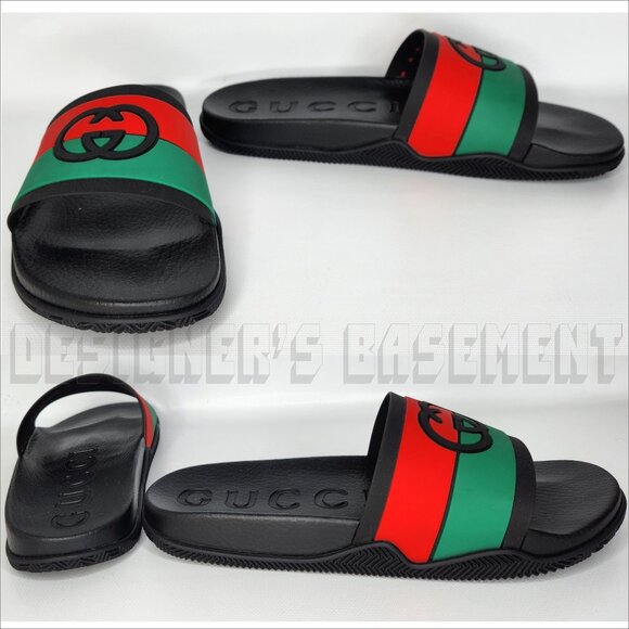 GUCCI men 10 Agrado INTERLOCKING G Logo Black Green Red rubber Slide sandals NIB - Picture 8 of 11